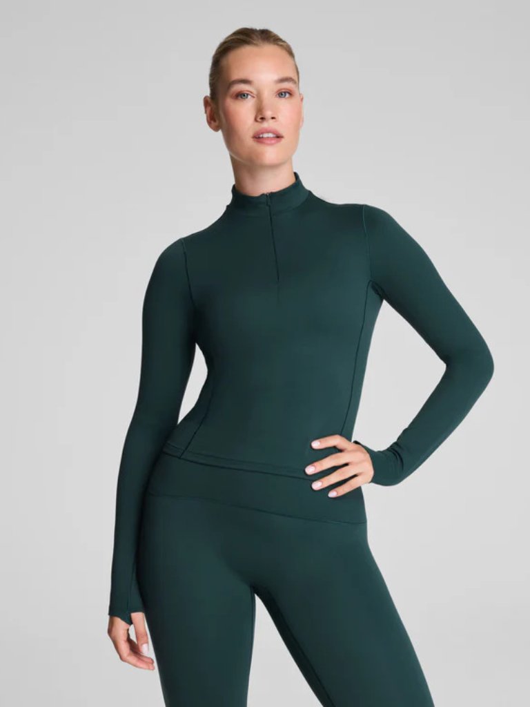 Nwt Spanx Get Moving Brushed Contour Half Zip Long Sleeve Meridian Forest M